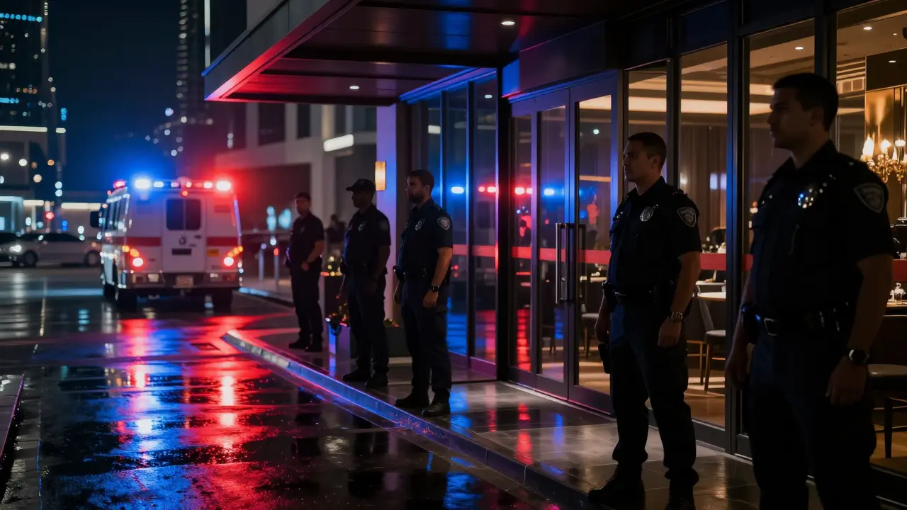 Emergency vehicle lights reflecting on pavement outside a club