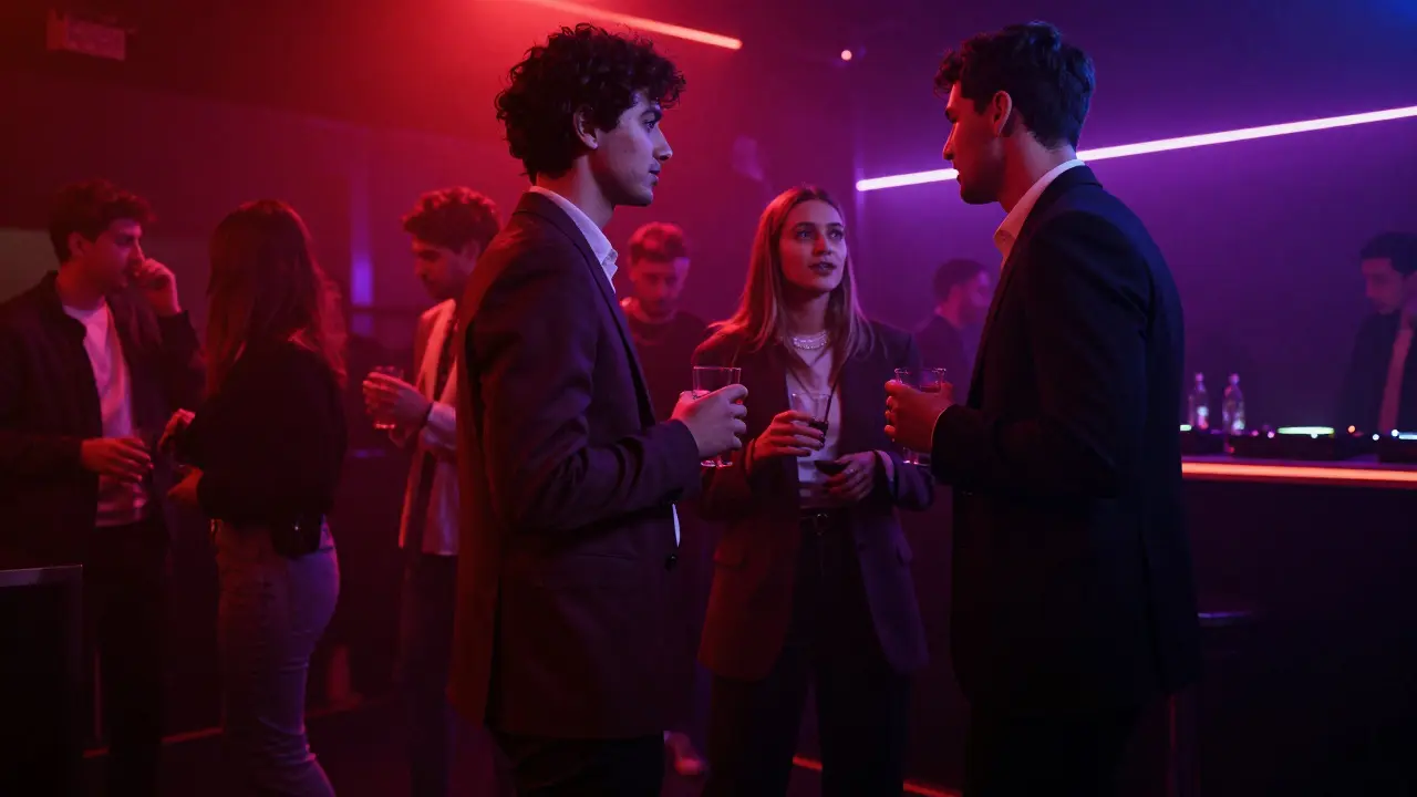 Fashionable people mingling inside a dimly lit Milan nightclub