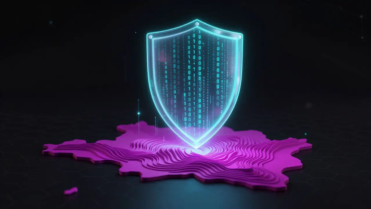 Glowing shield over stylized map with data streams