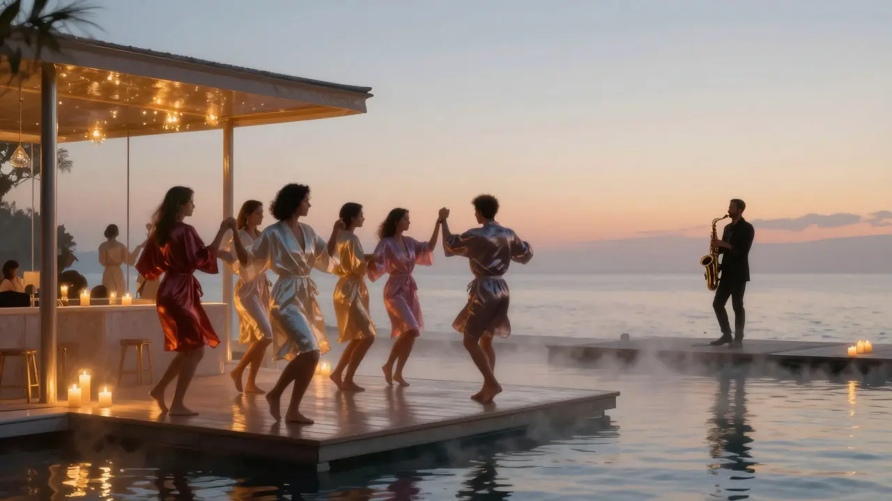 Guests dance barefoot at a beachside club at dawn, golden light reflecting off water and mirrored walls.
