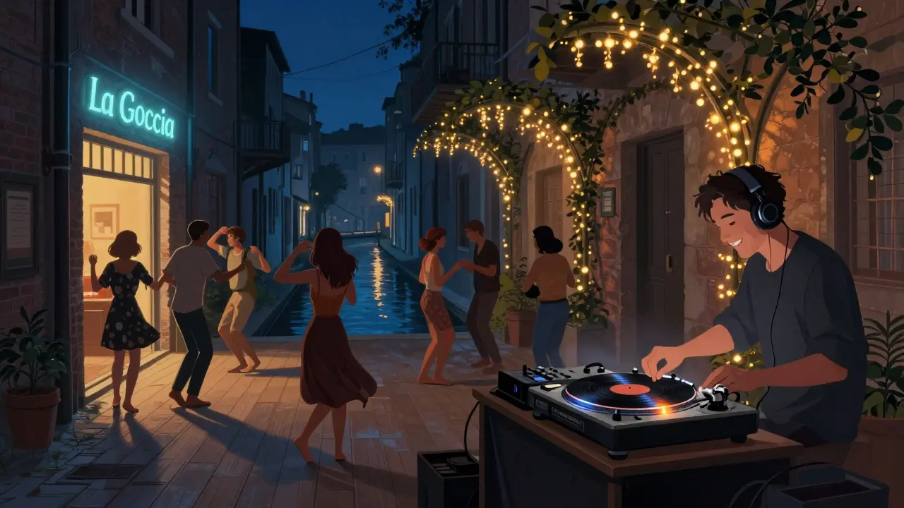 Hidden Navigli warehouse bar with vintage vinyl, fairy lights, and diverse crowd dancing at midnight.