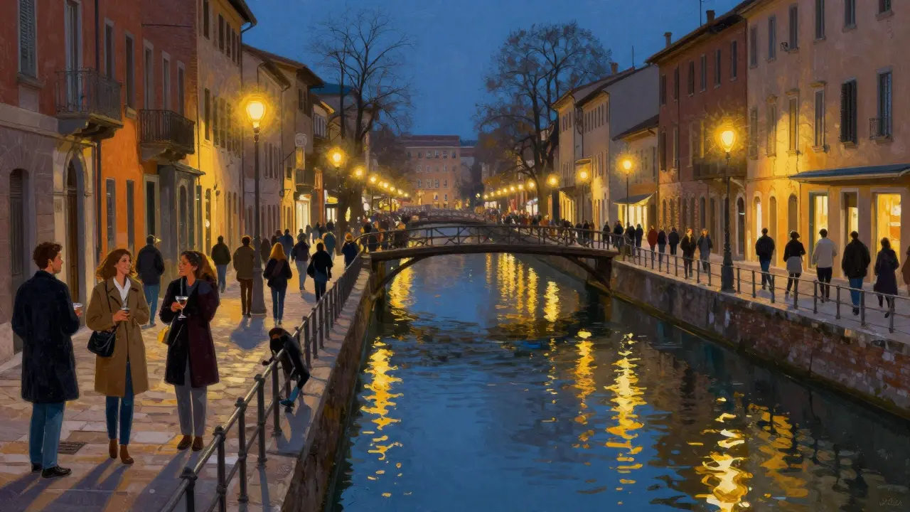 Illustration of crowds enjoying the Navigli canal district at night