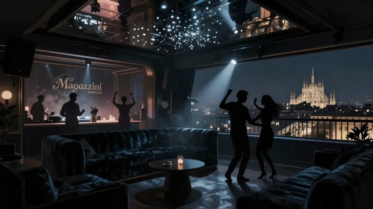 Inside Magazzini Generali club, dancers under disco lights and a rooftop terrace with Milan’s skyline in the distance.