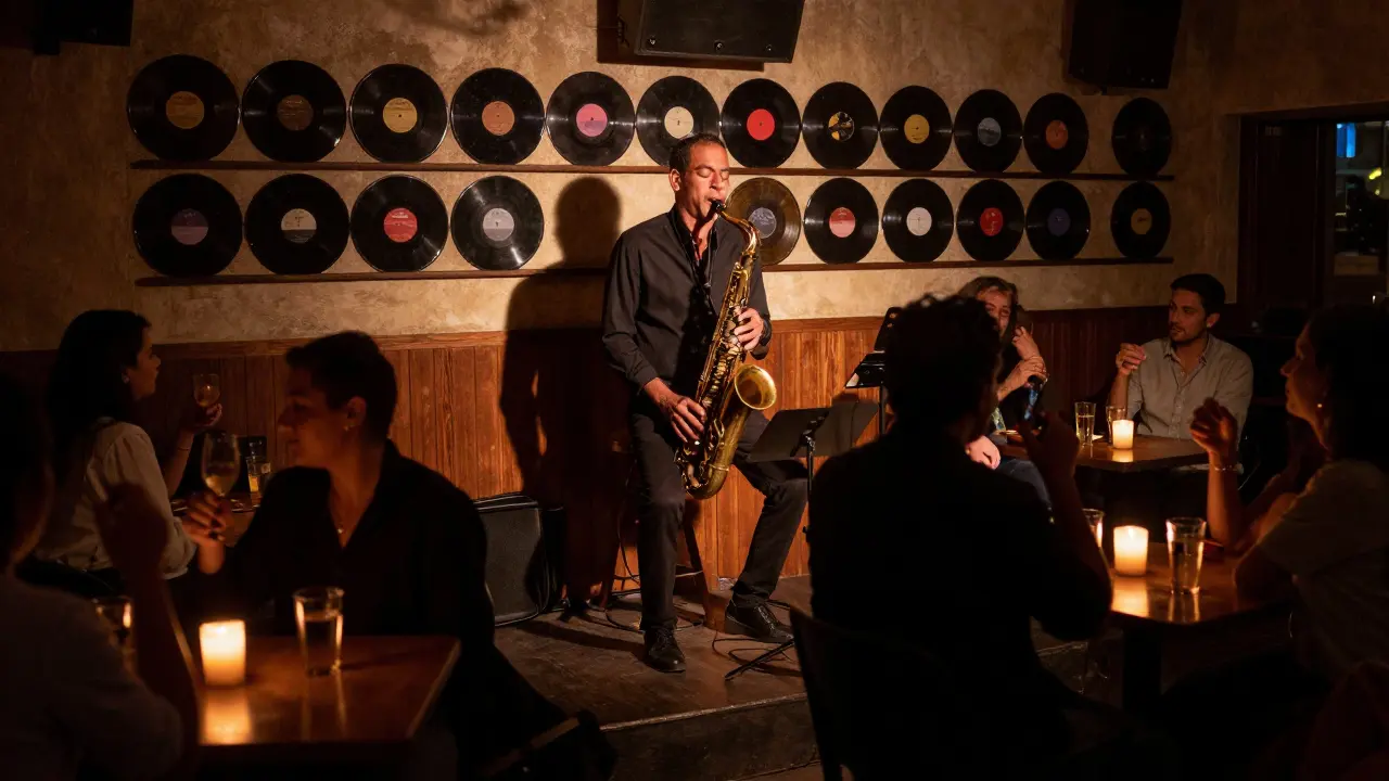 Intimate jazz bar with saxophonist playing under soft candlelight and vinyl walls