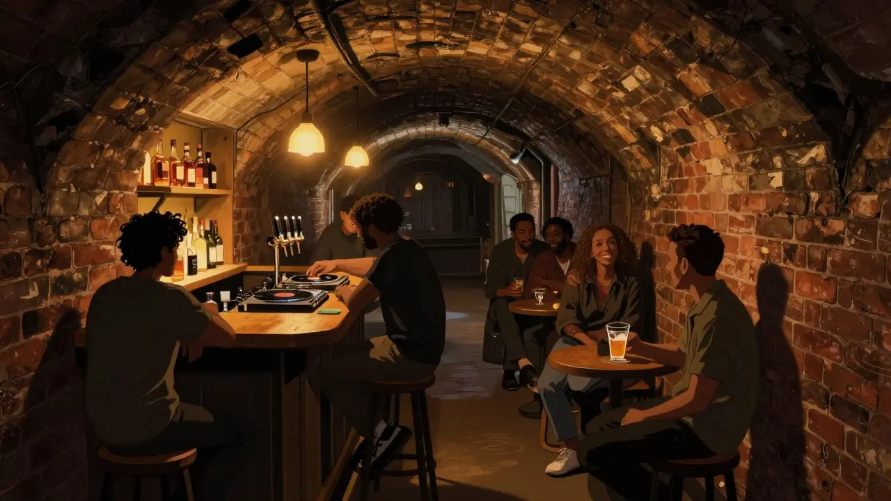 Intimate underground bar with wooden bar, whiskey bottles, and a DJ spinning vinyl under warm light.