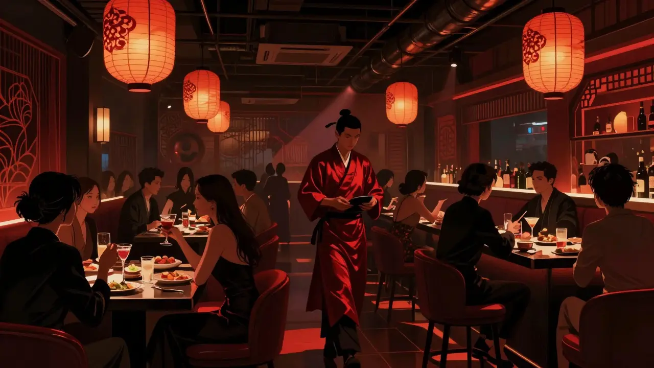 Lantern-lit Asian nightclub with servers in silk robes and vibrant crowd dancing to deep bass music.