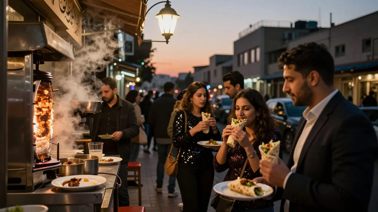 Late-night diners eating shawarma at a 24-hour Lebanese restaurant as dawn approaches in Dubai.