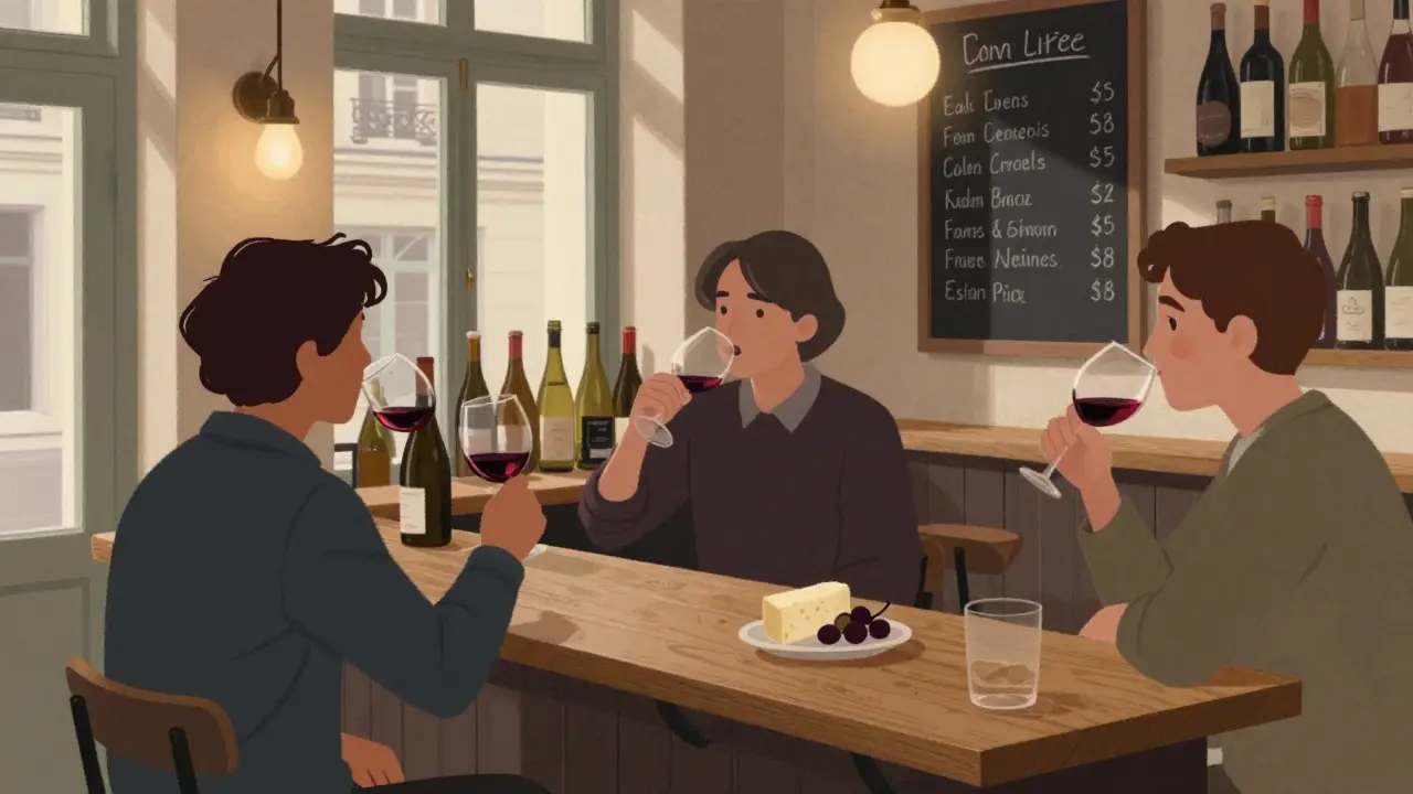 Locals sipping wine at a small Parisian bar, with chalkboard menus and simple plates of cheese.