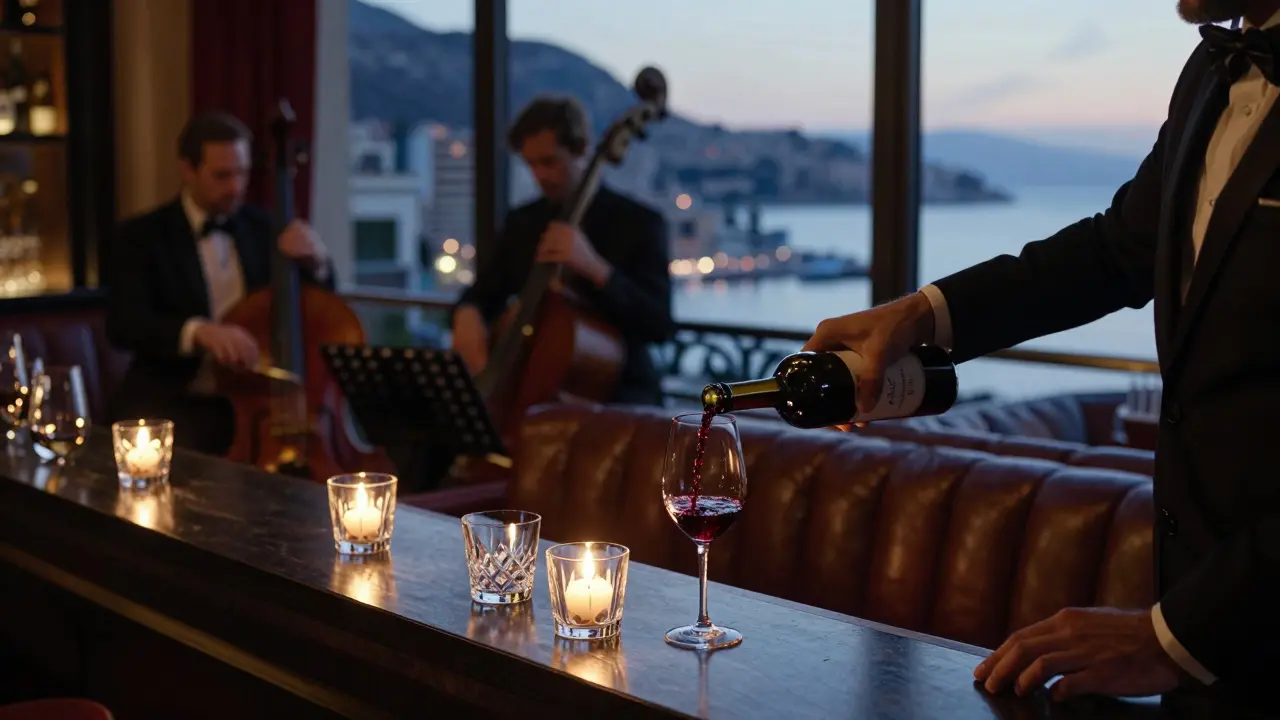 Luxurious bar scene with wine being poured by a sommelier in soft candlelight.