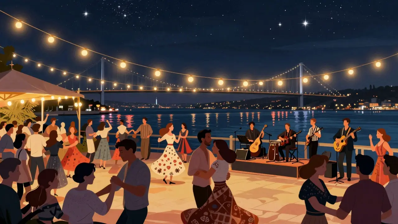 Open-air concert venue on the Bosphorus with crowd dancing under string lights and bridge glowing in the distance.