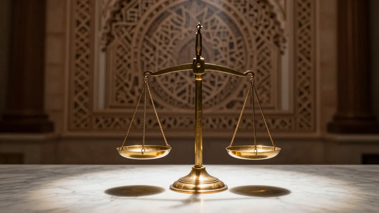 Ornate brass scales on marble table with spotlight