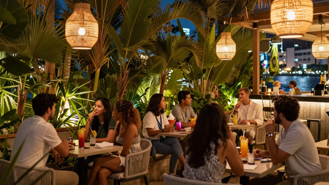 Outdoor garden bar with string lights and lush greenery at night.