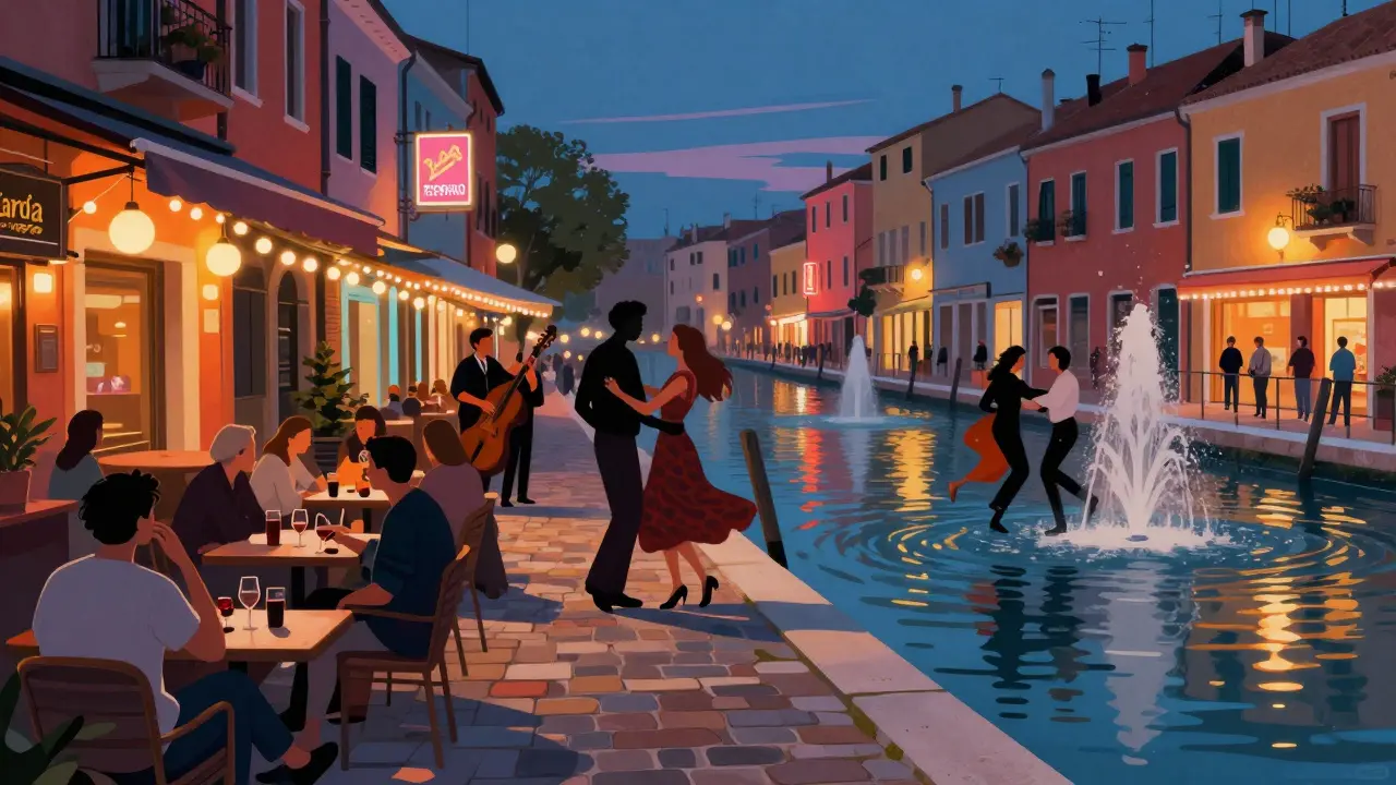 People dancing and socializing along Navigli canals under string lights and live jazz.