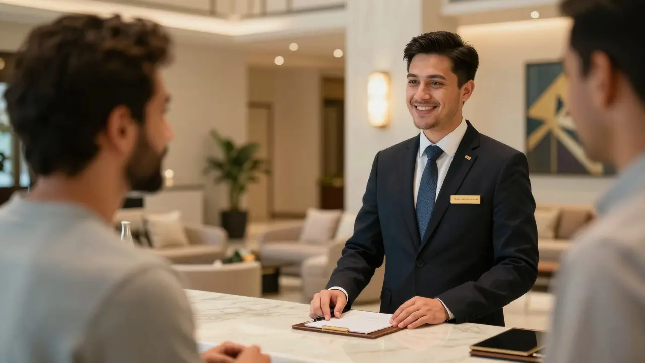 Professional concierge staff assisting a traveler inside an opulent five-star hotel lobby reception area.