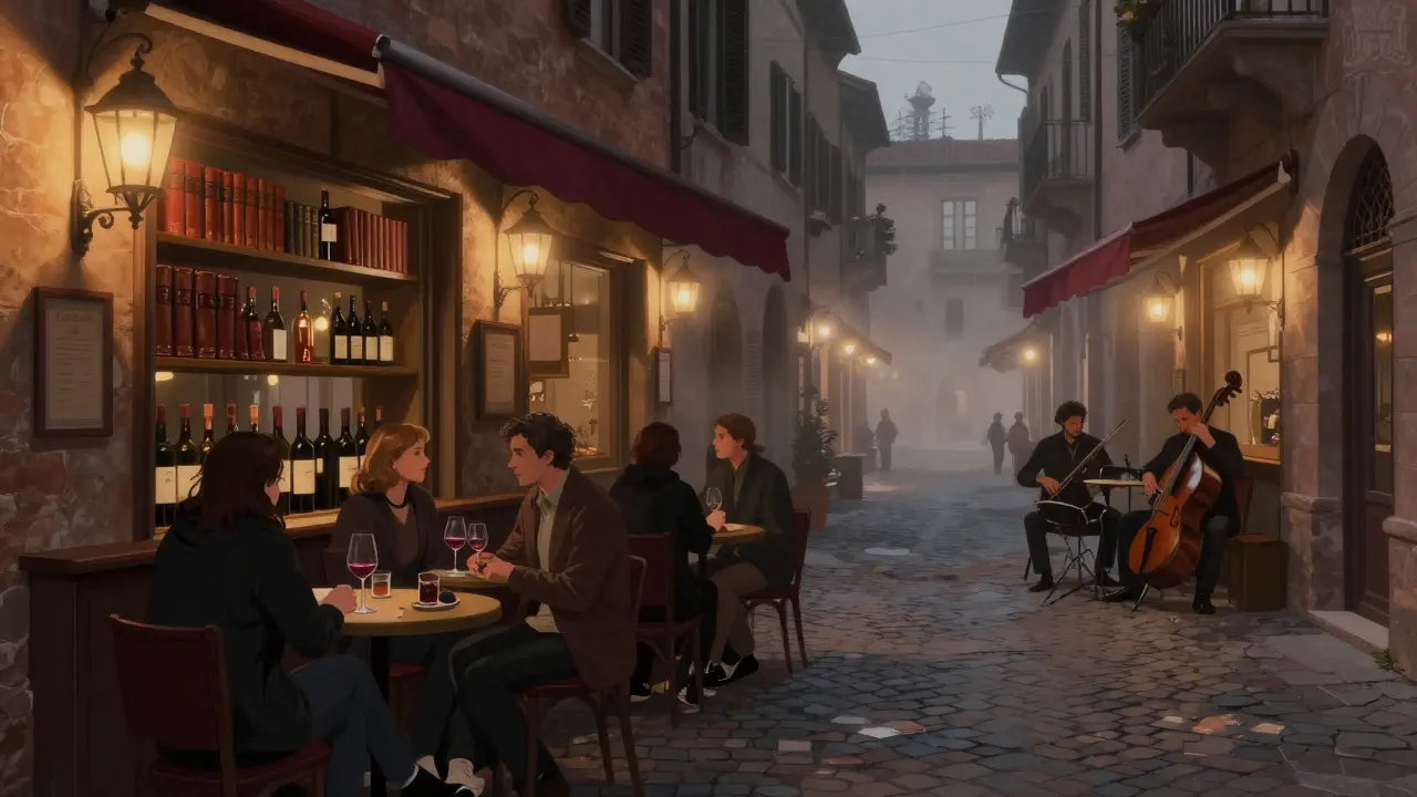 Quiet Brera street at night with wine bars, soft lighting, and patrons in deep conversation.