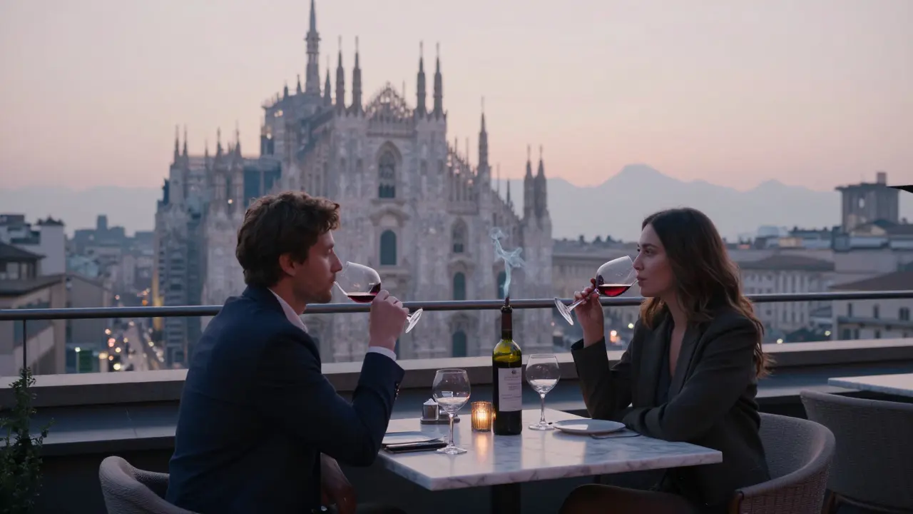 Rooftop lounge at dawn with a couple overlooking Milan’s skyline and the Duomo in soft morning light.