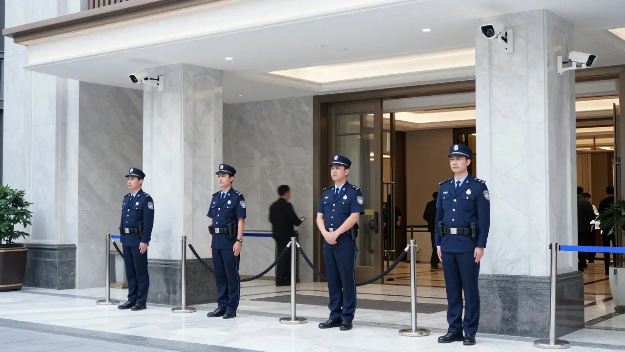 Security personnel standing guard outside a luxury hotel entrance.