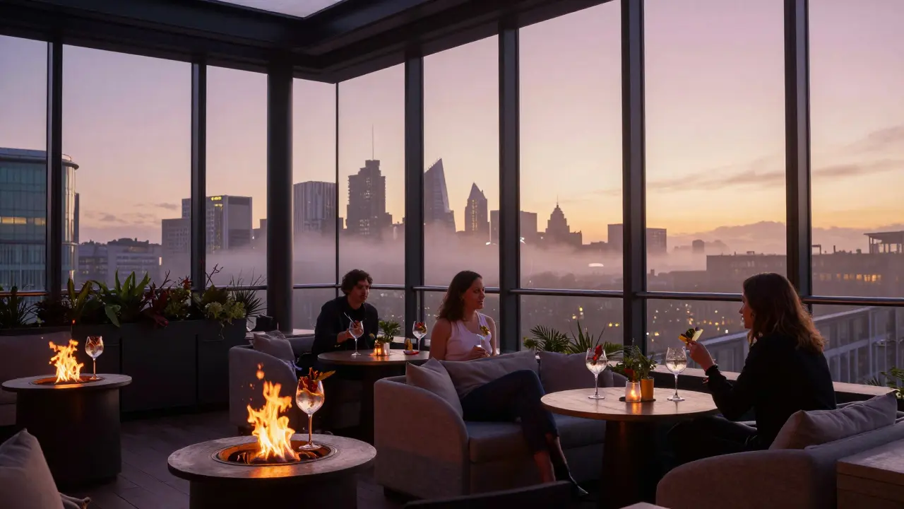 Serene rooftop bar at dawn with fire pits, couples sipping cocktails, and a soft London skyline.