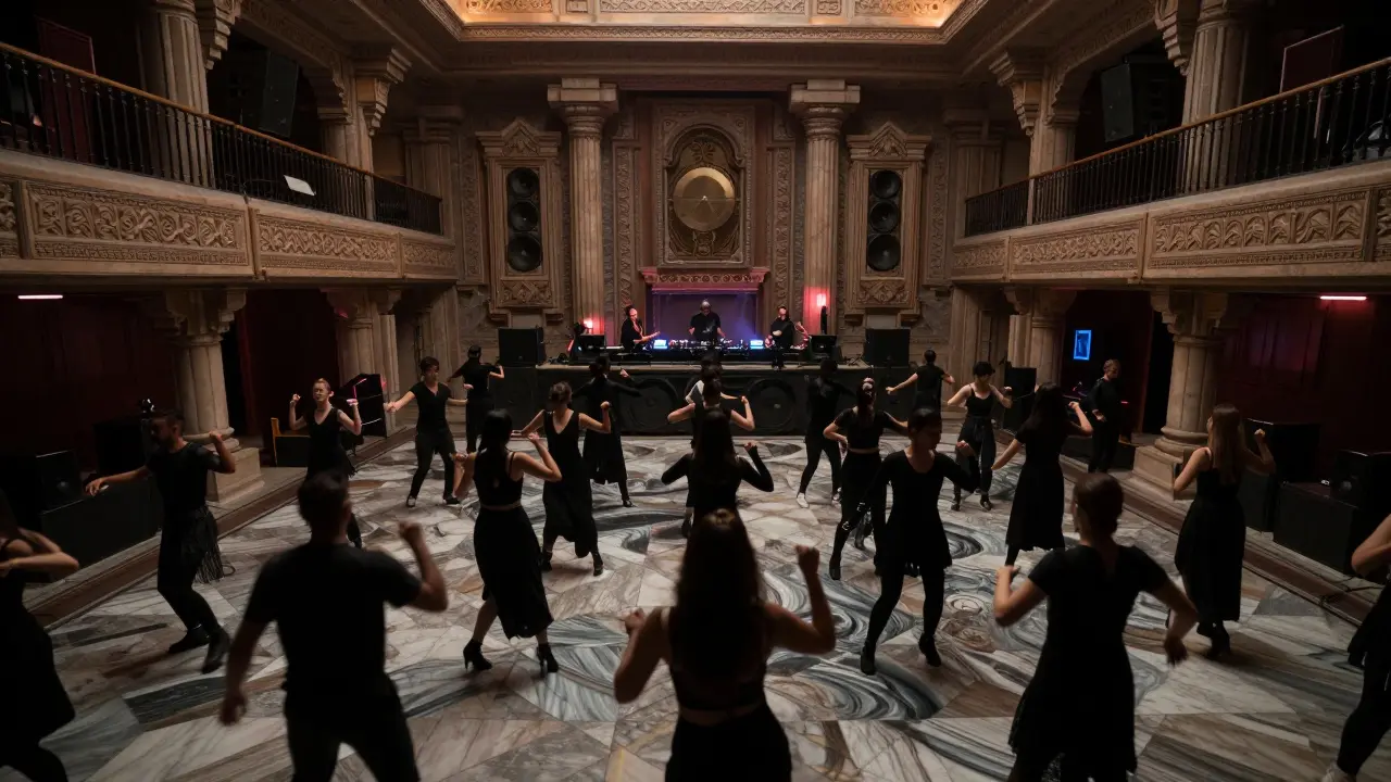 Silhouetted dancers in a sleek nightclub under intense techno lights, sound vibrations visible in the air.