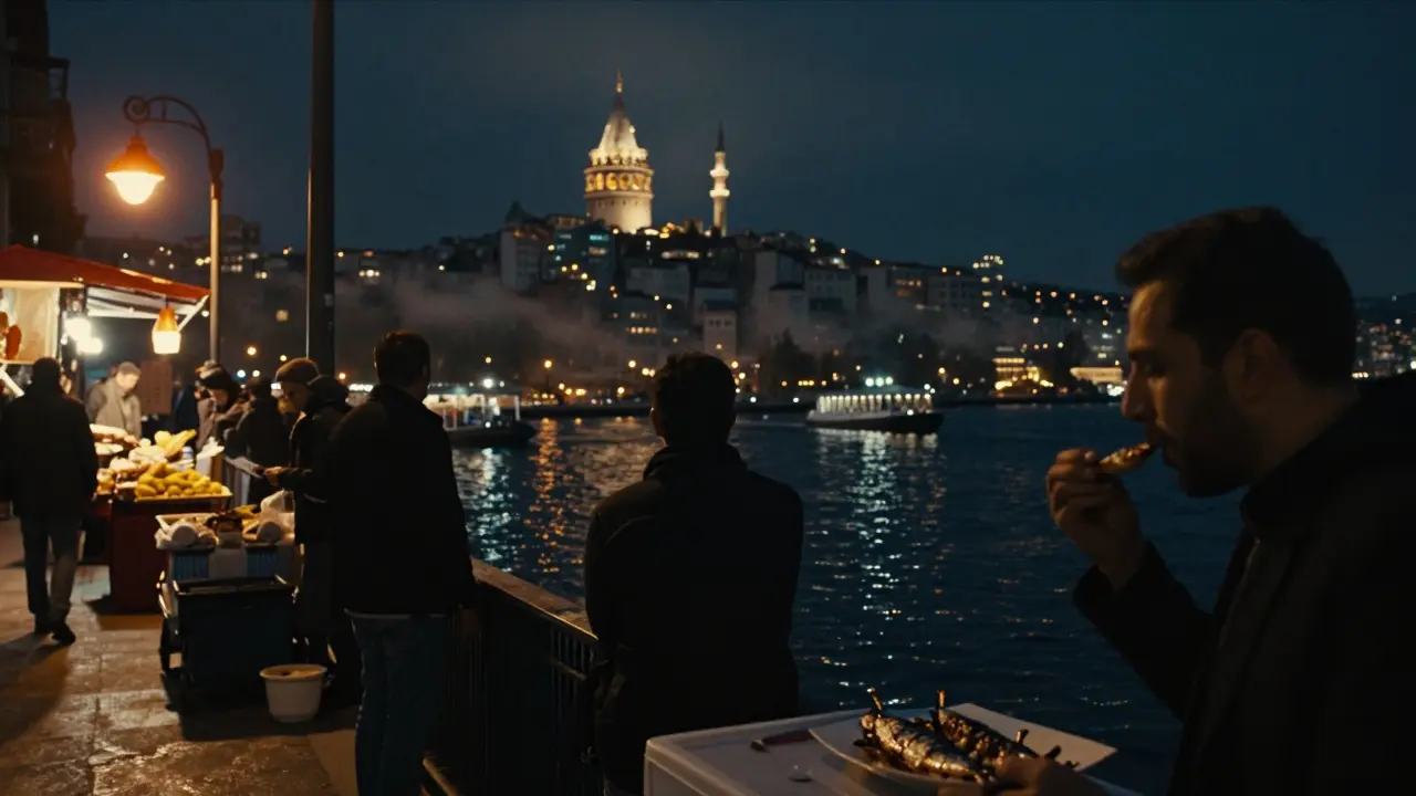 Silhouettes on Galata Bridge at night, eating grilled sardines as Bosphorus lights shimmer.