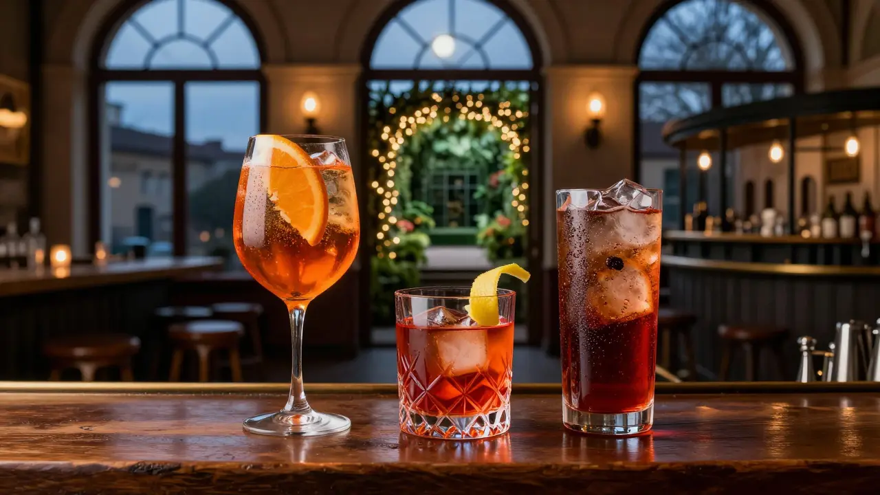 Three classic Milanese cocktails on a bar counter, with faint glimpses of hidden nightlife spots behind them.