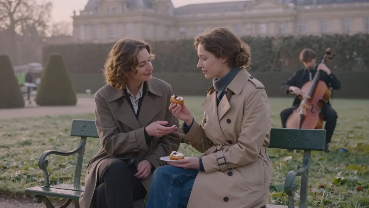 Two people share a pastry in Luxembourg Gardens at dawn, a string quartet playing quietly nearby.