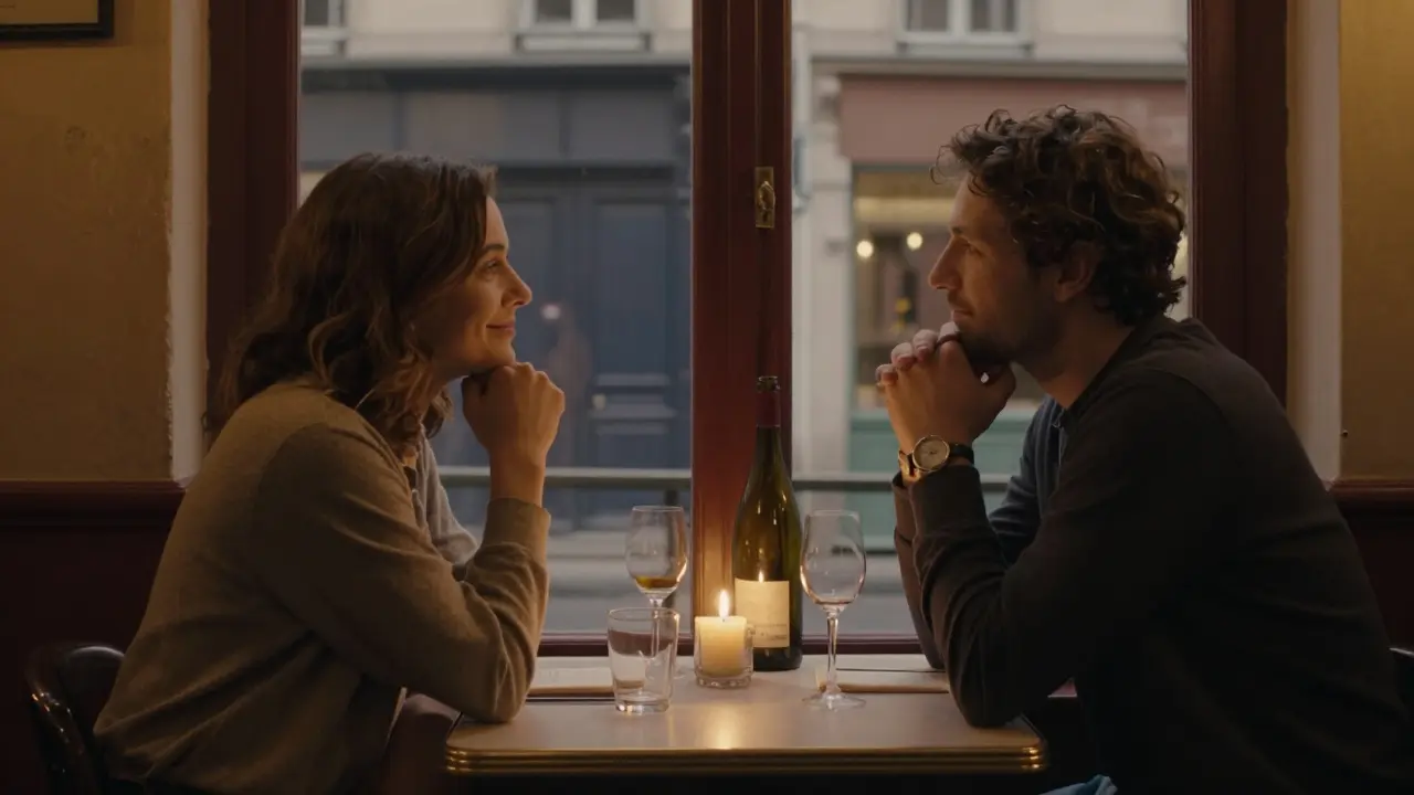 Two people share a quiet evening at a hidden Paris wine bar, candlelight casting warmth as they sit in calm, respectful proximity.