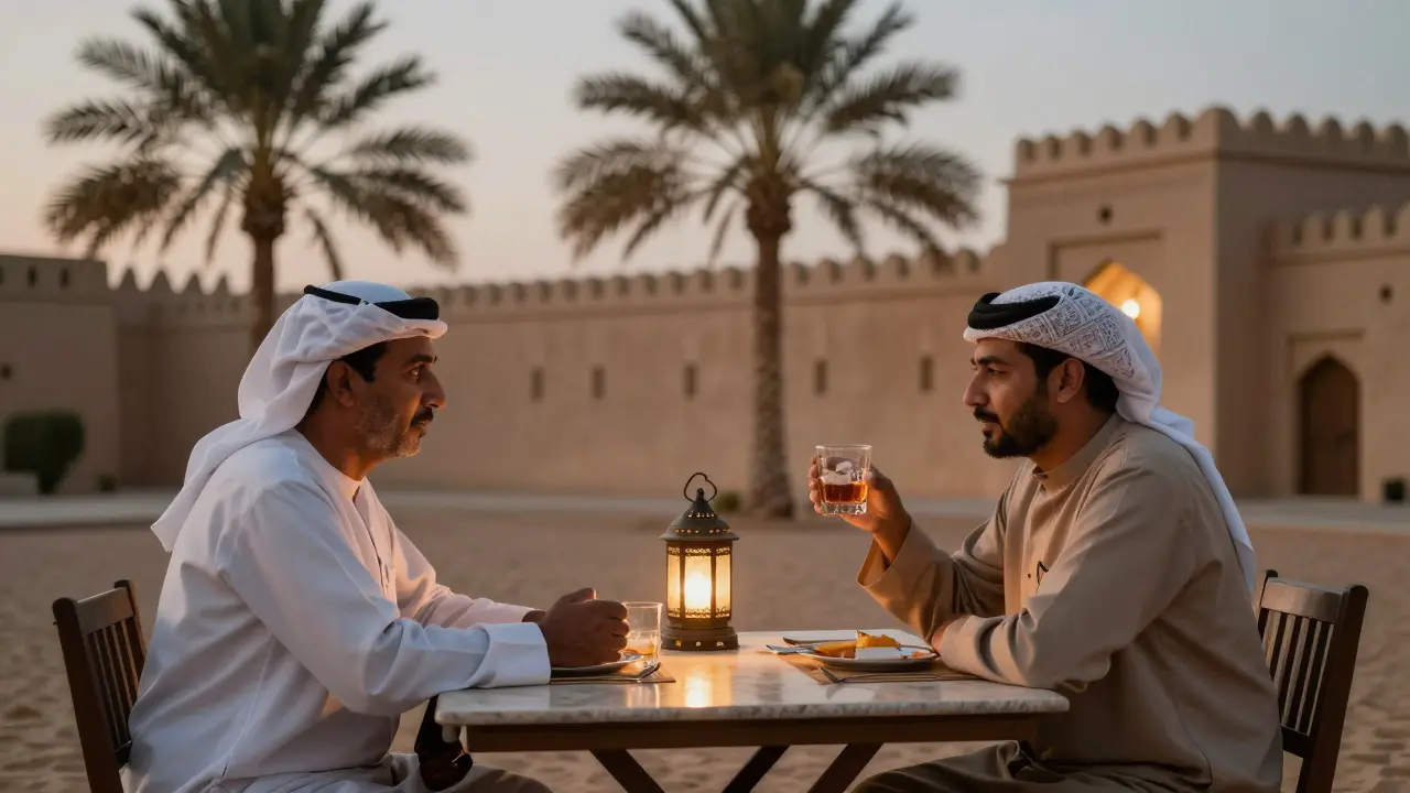 Two people sharing a quiet dinner at Qasr Al Hosn under lantern light, evoking deep, unspoken connection.