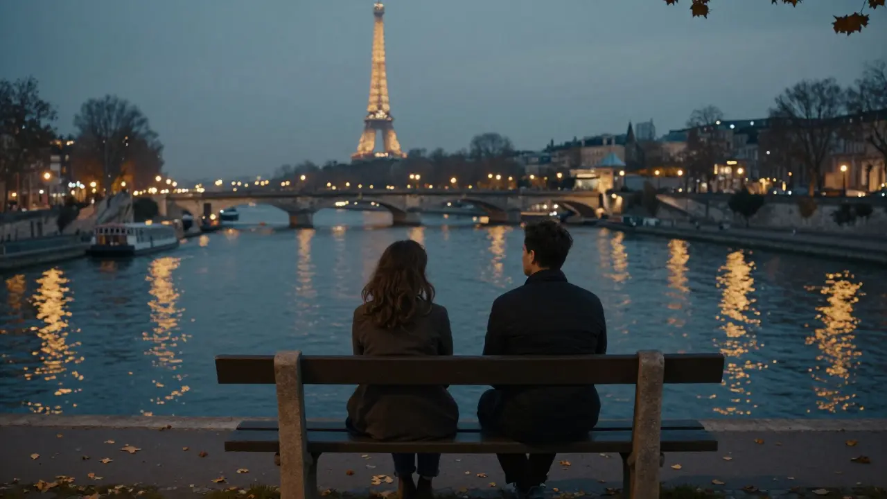 Two people sitting quietly on a bridge over the Seine at twilight, city lights shimmering on the water.