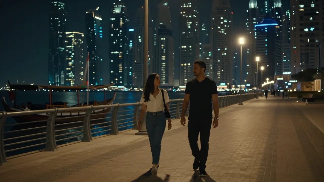 Two people walk along Dubai Marina at dusk, sharing a quiet moment under a streetlamp without touching.
