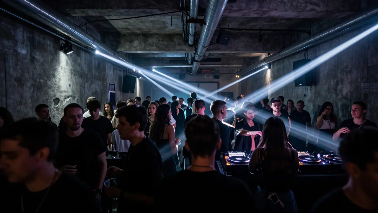 Underground club with strobe lights and crowd dancing to techno music in a raw industrial space.