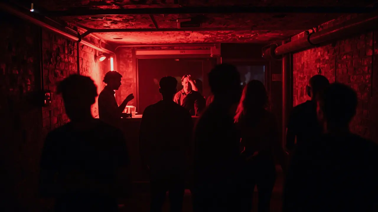 Underground Milan club La Scala with pulsing lights and silhouetted dancers in a basement setting.