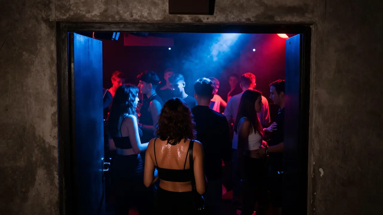 Underground techno club with a packed dance floor lit by strobing blue and red lights.