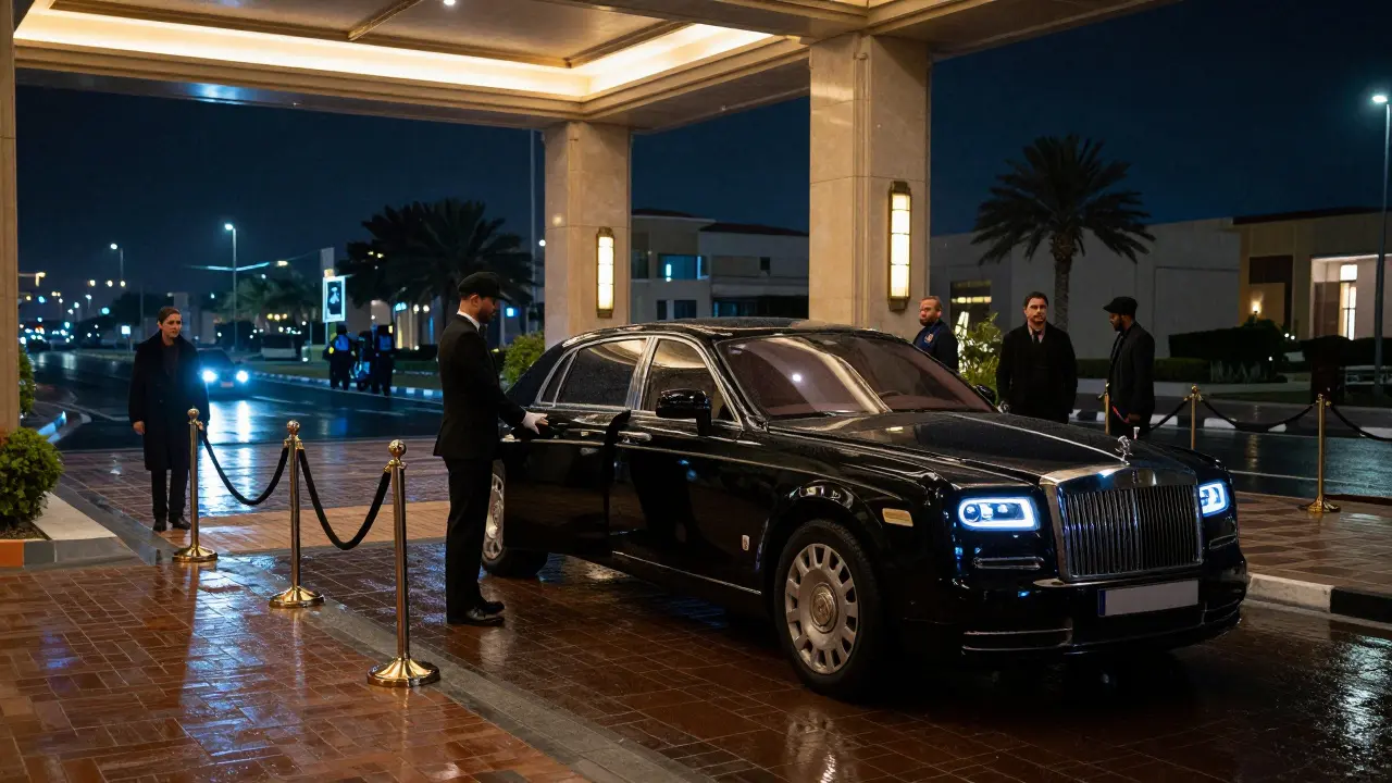 Valet service greeting guest at luxury hotel entrance