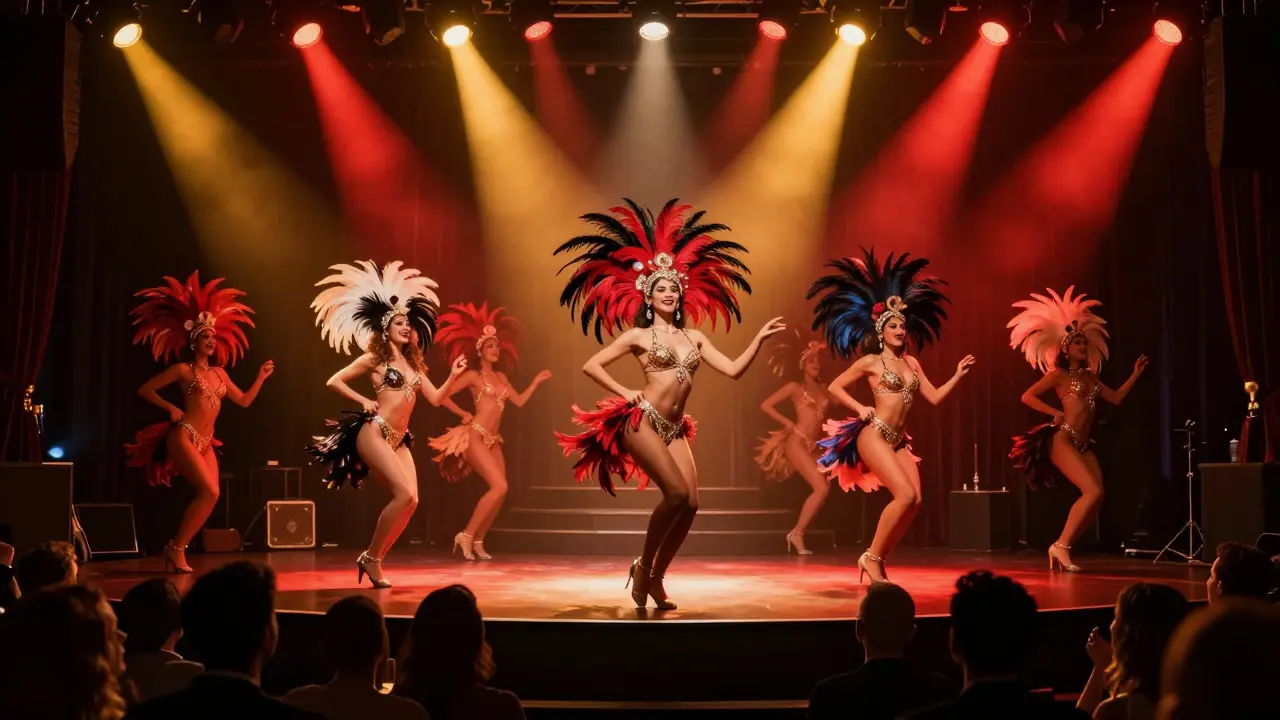 Vibrant stage performance with dancers in elaborate costumes under spotlights.