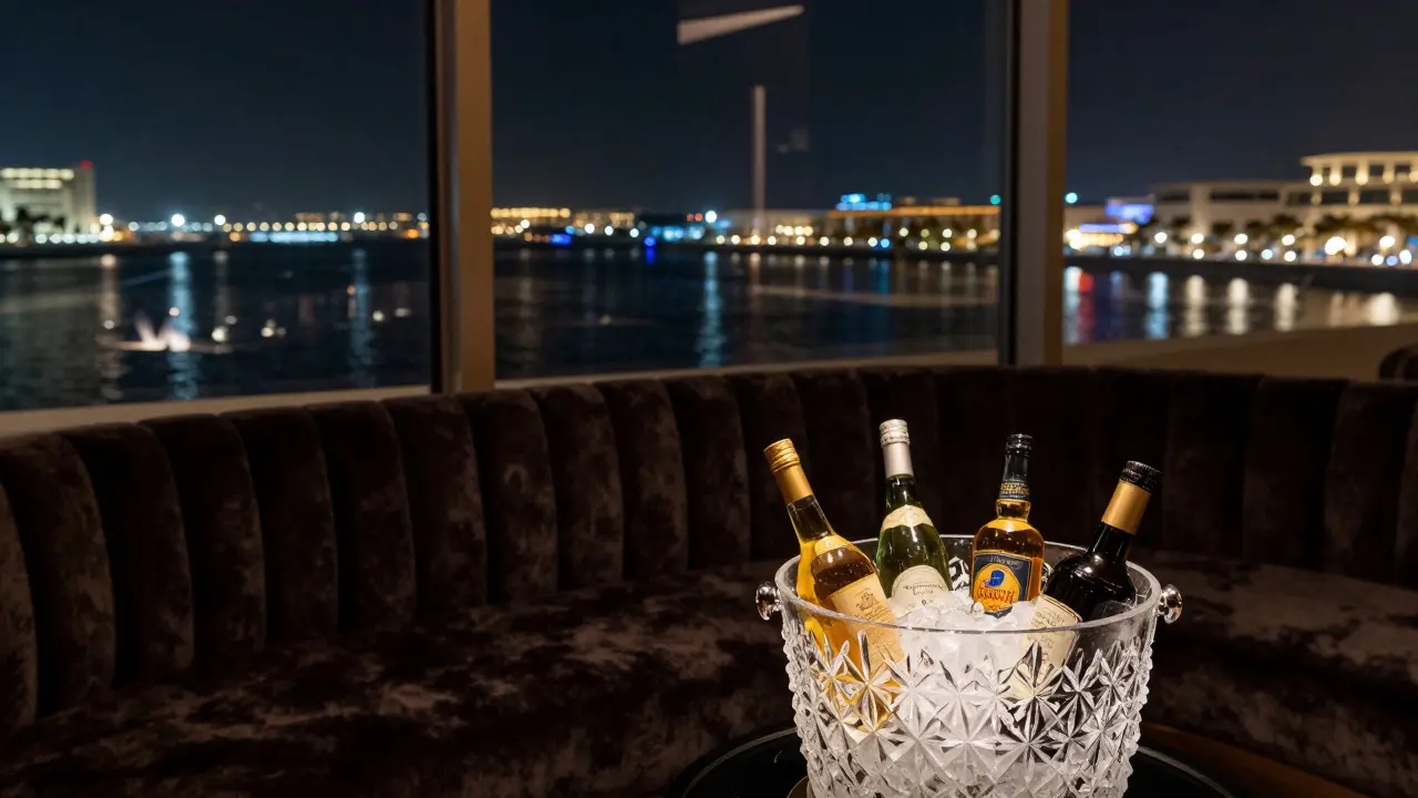 VIP booth interior overlooking marina at night.