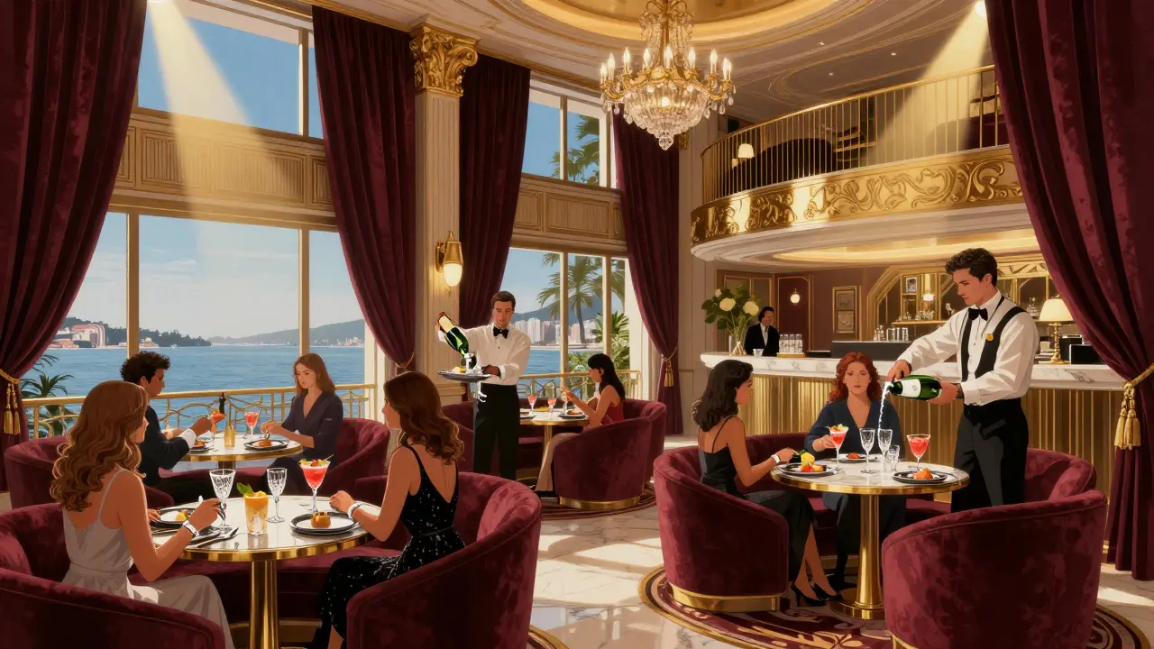 VIP lounge at Hakkasan with champagne flowing and private waiters attending to guests in luxury booths.