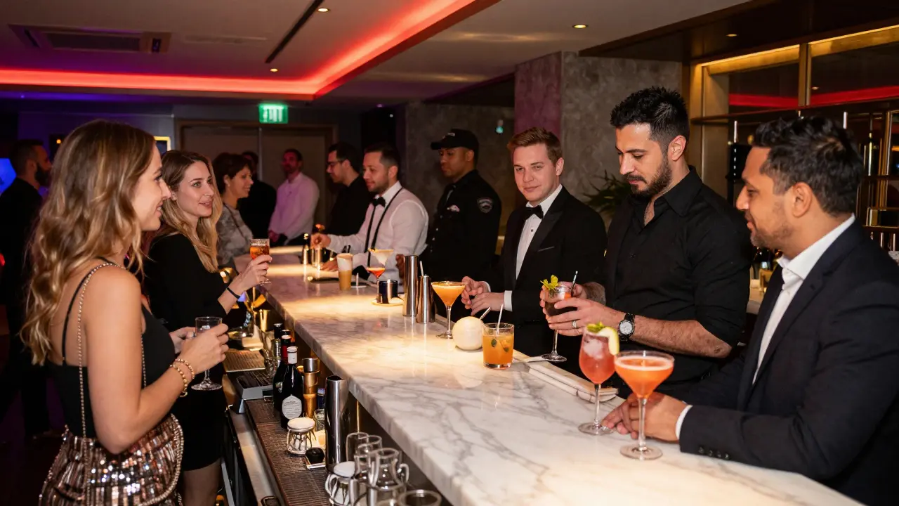 Well dressed guests enjoying drinks at a VIP nightclub bar.