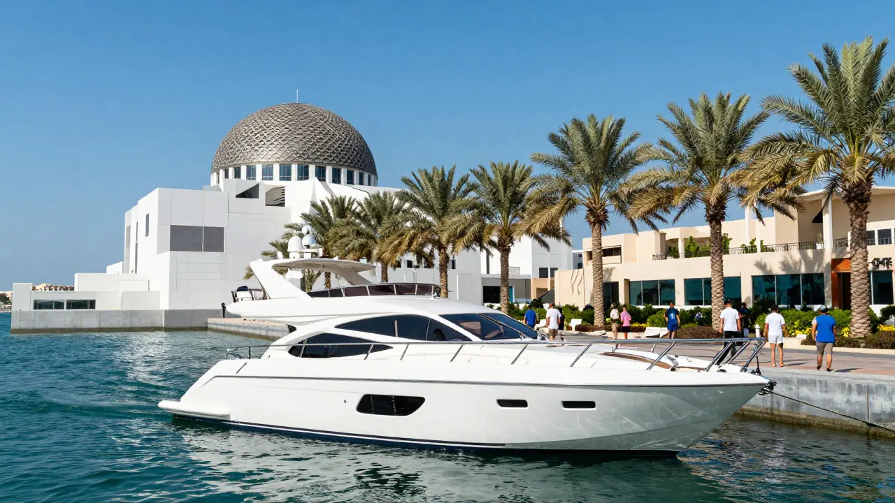 White luxury yacht anchored near the Corniche waterfront with the Louvre Abu Dhabi dome visible nearby.